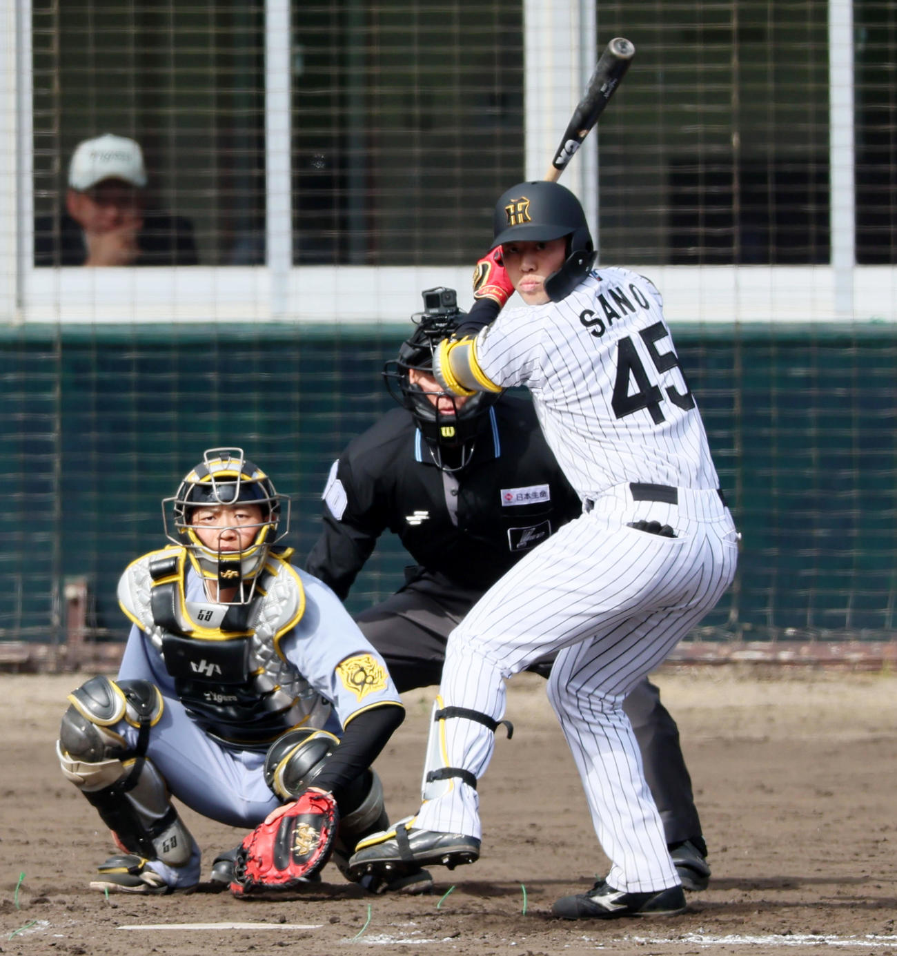 紅白戦　5回裏白組無死三塁、新人の佐野大陽は三ゴロに倒れる（撮影・加藤哉）