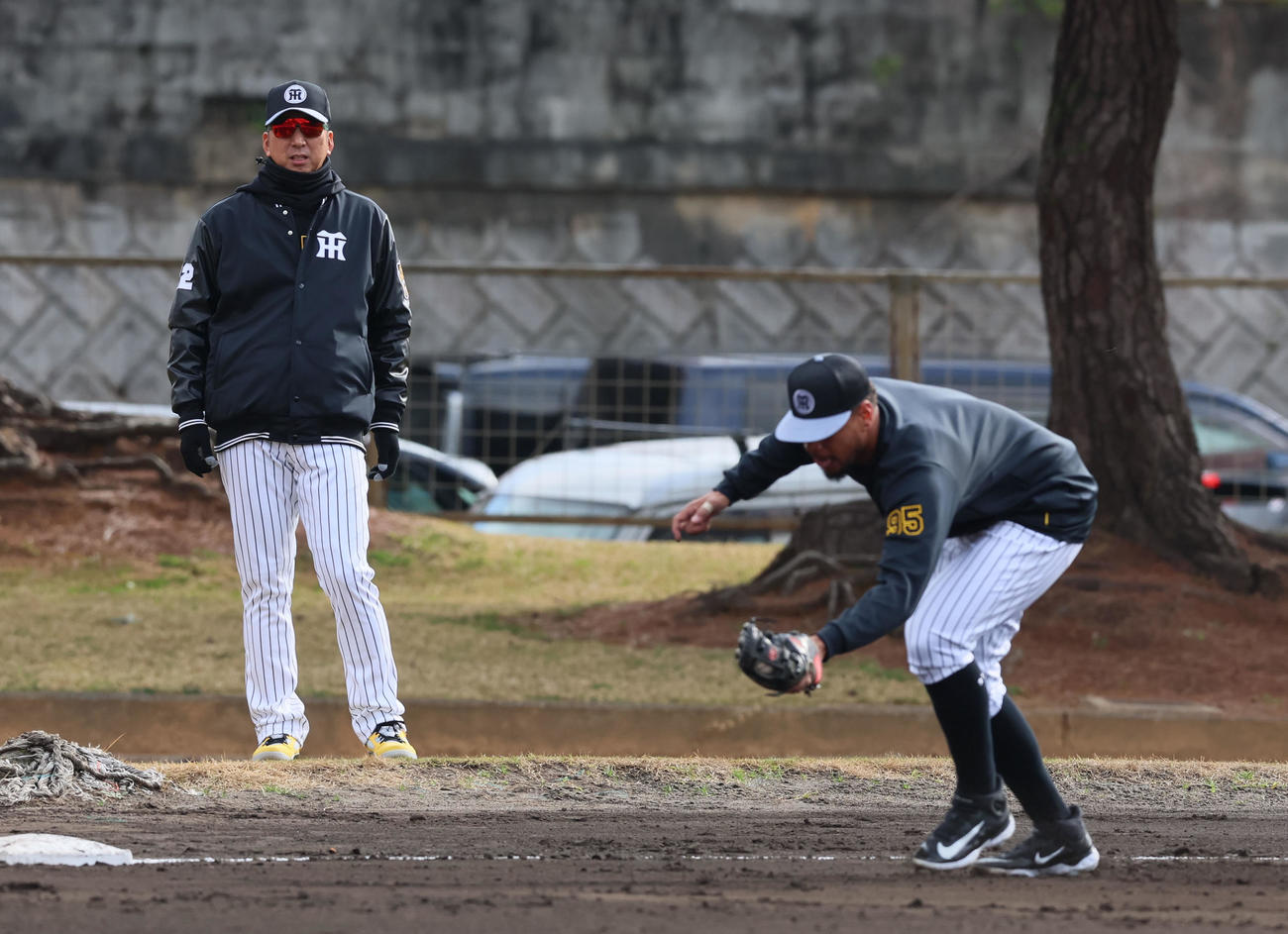 早出特守するヘルナンデス（右）をチェックする藤川監督（撮影・加藤哉）