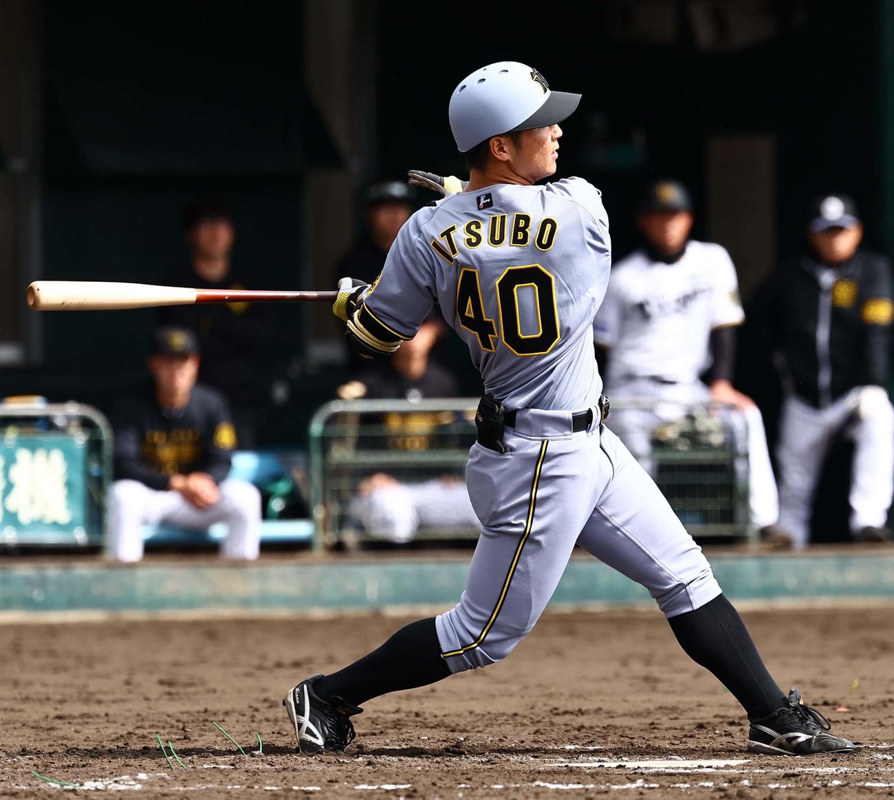 紅白戦　3回表紅組2死一、二塁、井坪は中前適時打を放つ（撮影・上田博志）