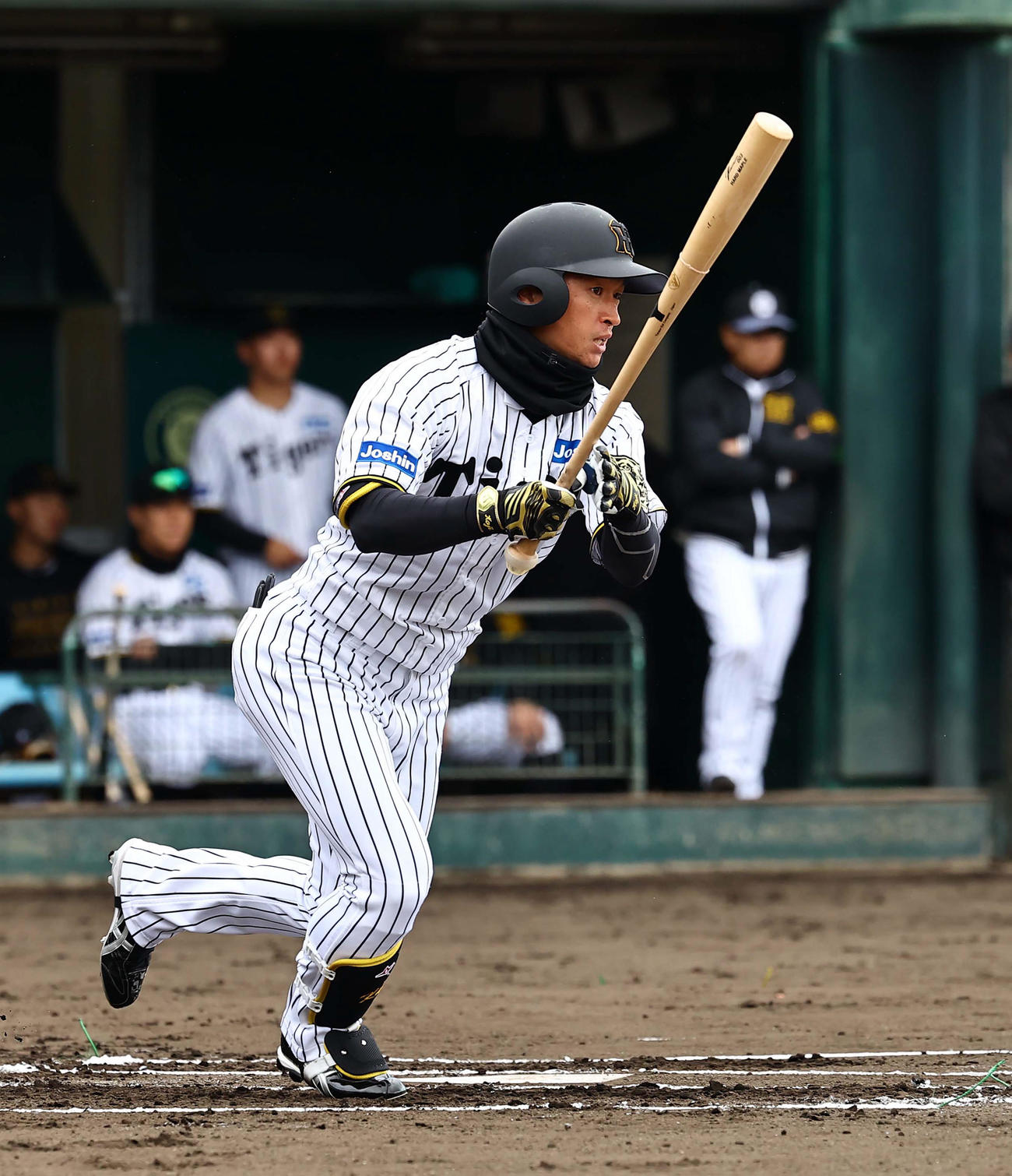 紅白戦　1回裏白組無死、近本は一塁強襲安打を放つ（撮影・上田博志）