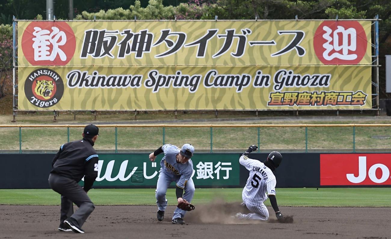 紅白戦　1回裏白組1死一塁、近本は二盗に成功する（撮影・上田博志）