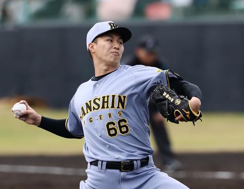 紅白戦　4回、3番手で登板した紅組津田（撮影・藤尾明華）
