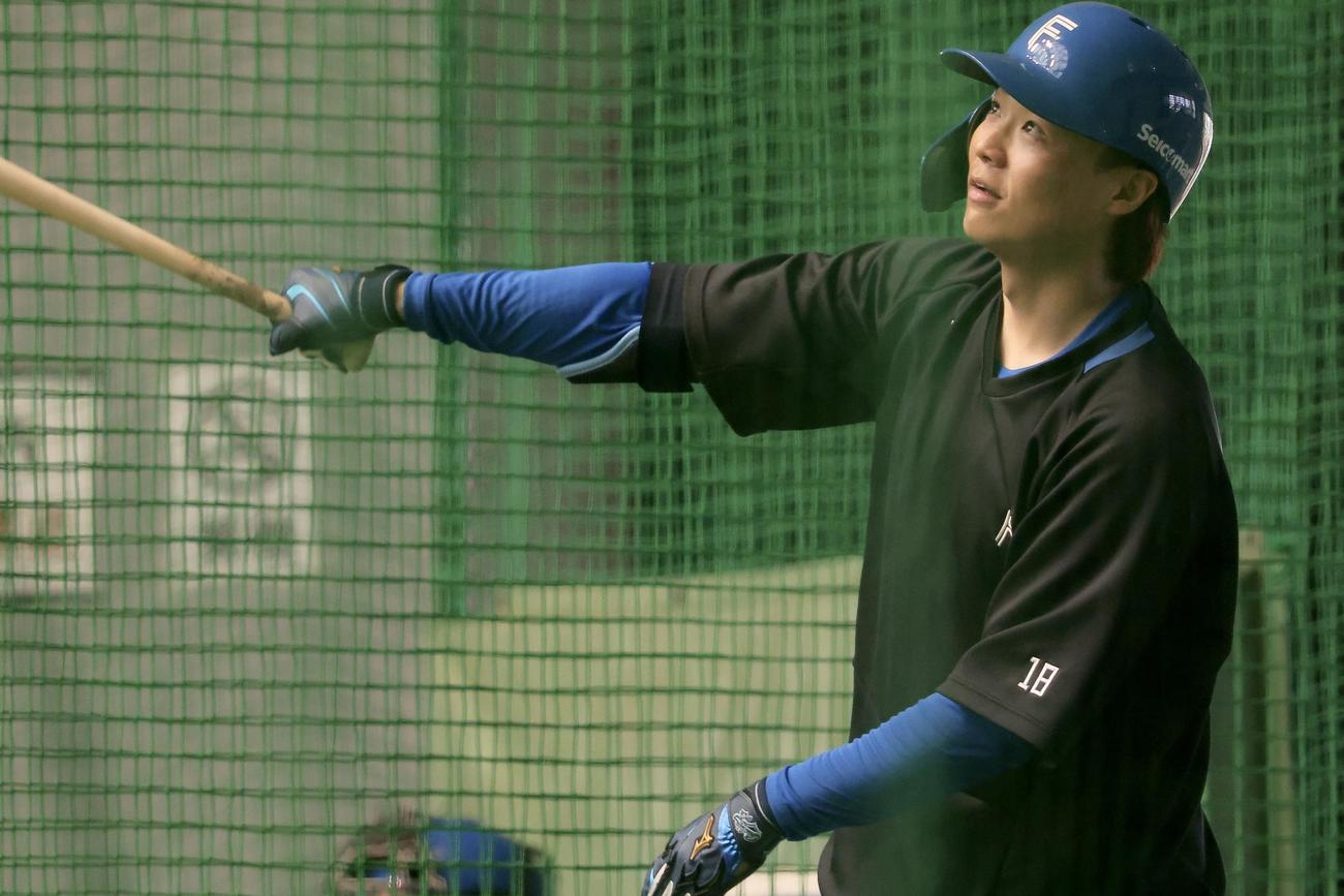 室内打撃練習に臨む日本ハム山崎（撮影・河田真司）