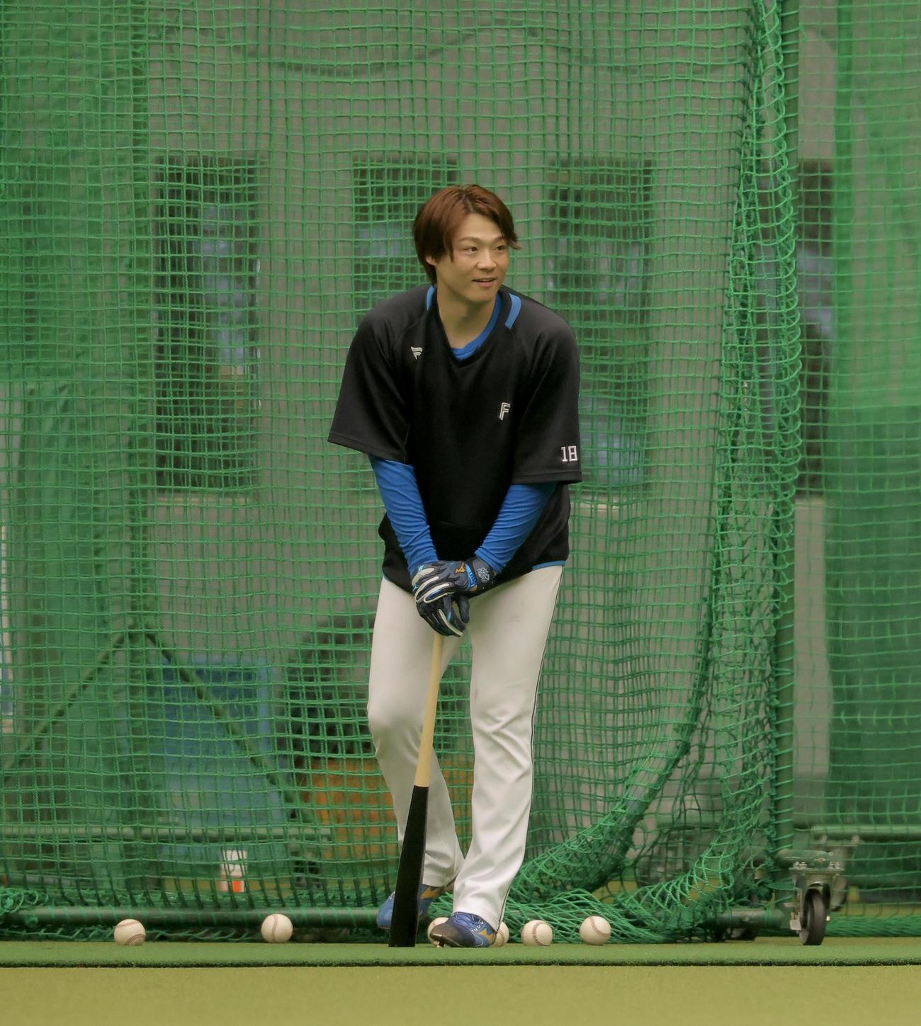 室内打撃練習に臨む日本ハム山崎（撮影・河田真司）
