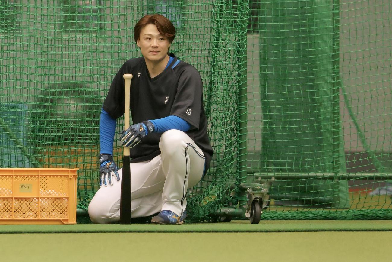 室内打撃練習に臨む日本ハム山崎（撮影・河田真司）