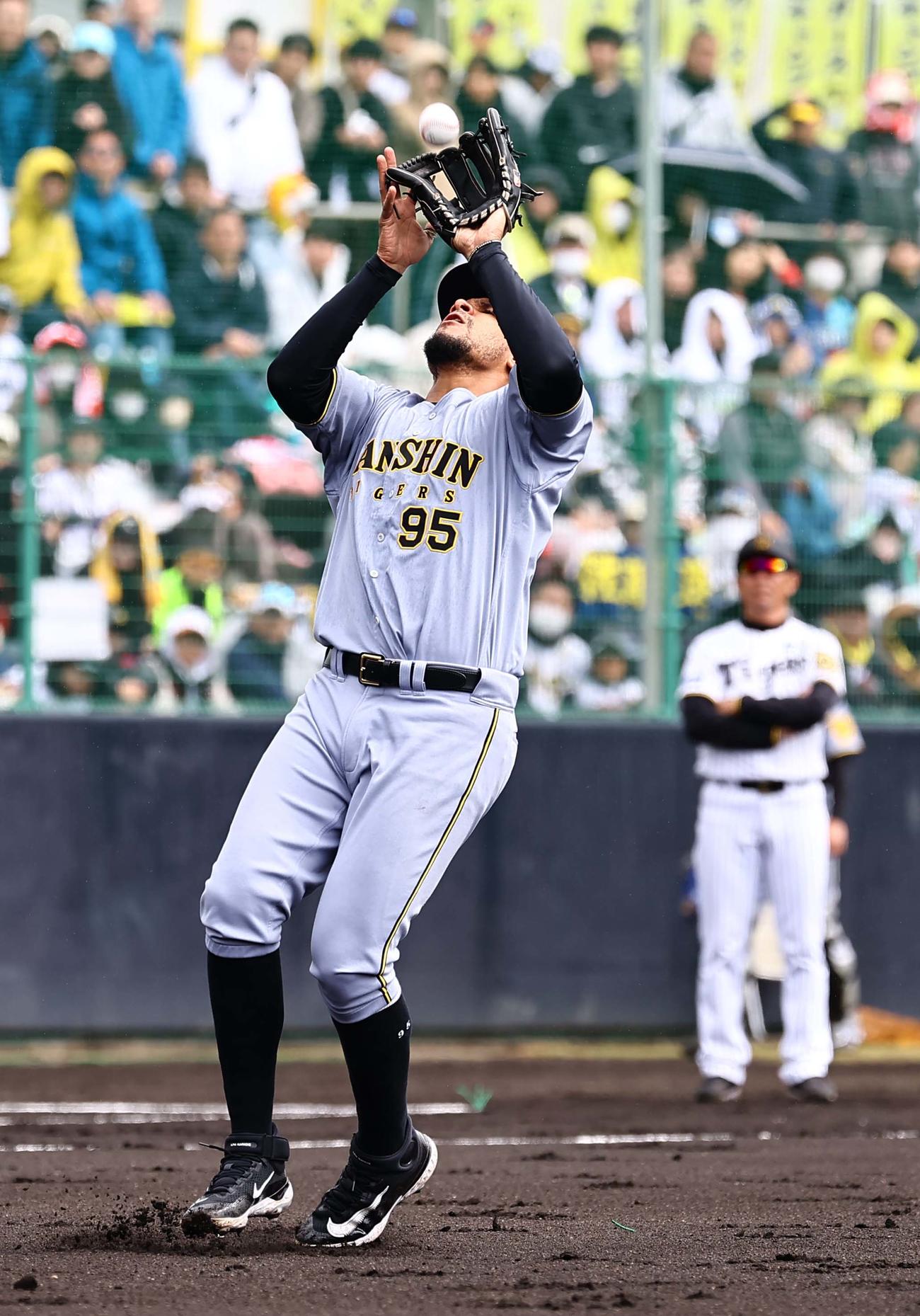 紅白戦　2回裏白組無死、ヘルナンデスは中川の三飛を捕球する（撮影・上田博志）