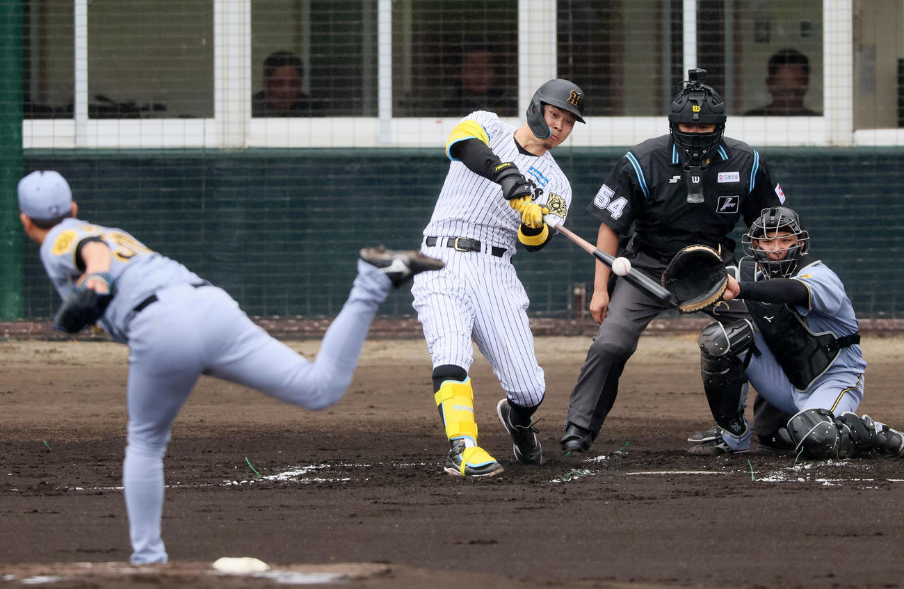 紅白戦　1回裏白組1死一塁、佐藤輝は右越え2点本塁打を放つ。投手畠（撮影・加藤哉）