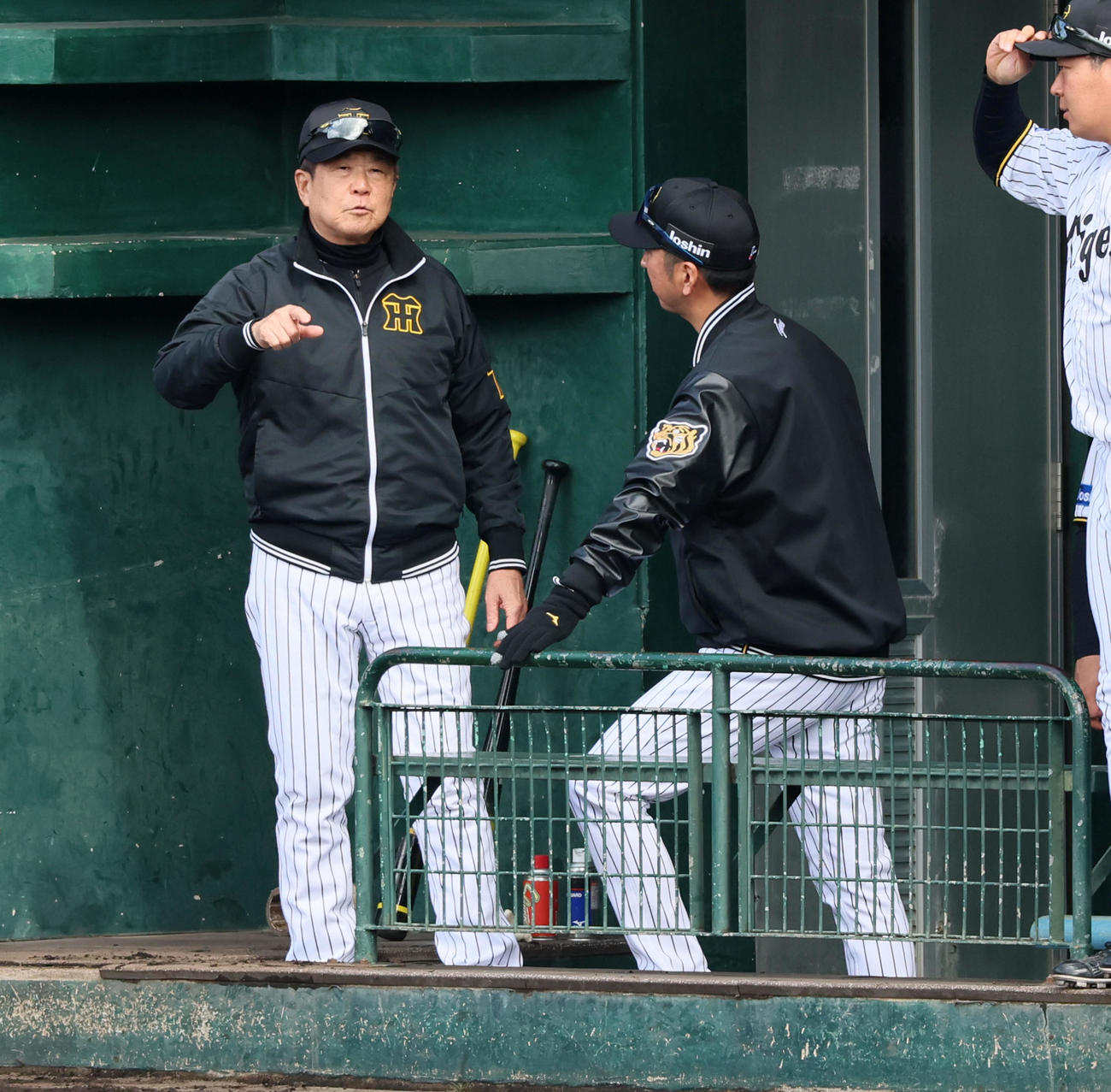 試合前、藤川監督（右）と話す平田2軍監督（撮影・加藤哉）