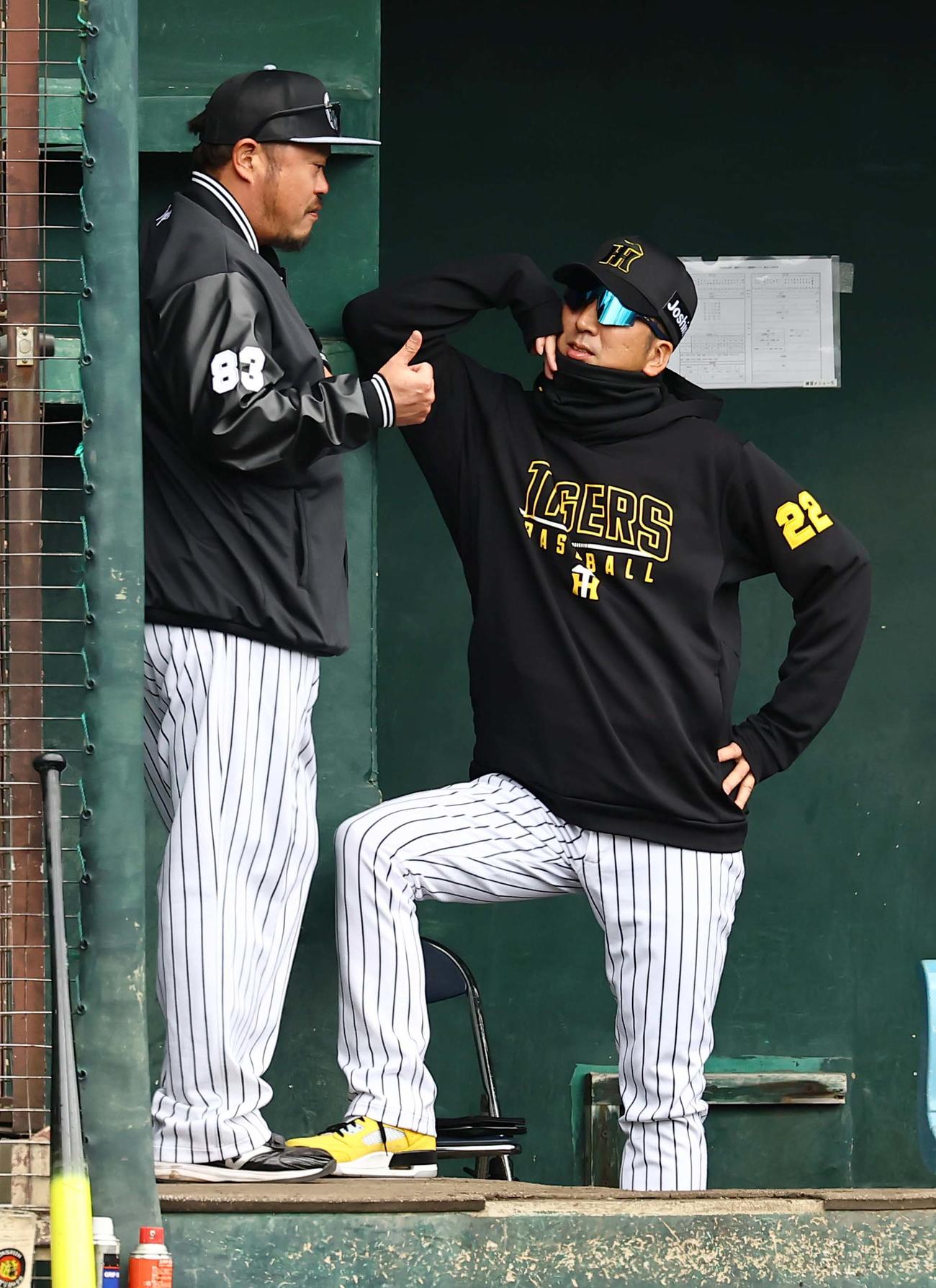 紅白戦　ベンチで小谷野コーチ（左）と話をする藤川監督（撮影・上田博志）