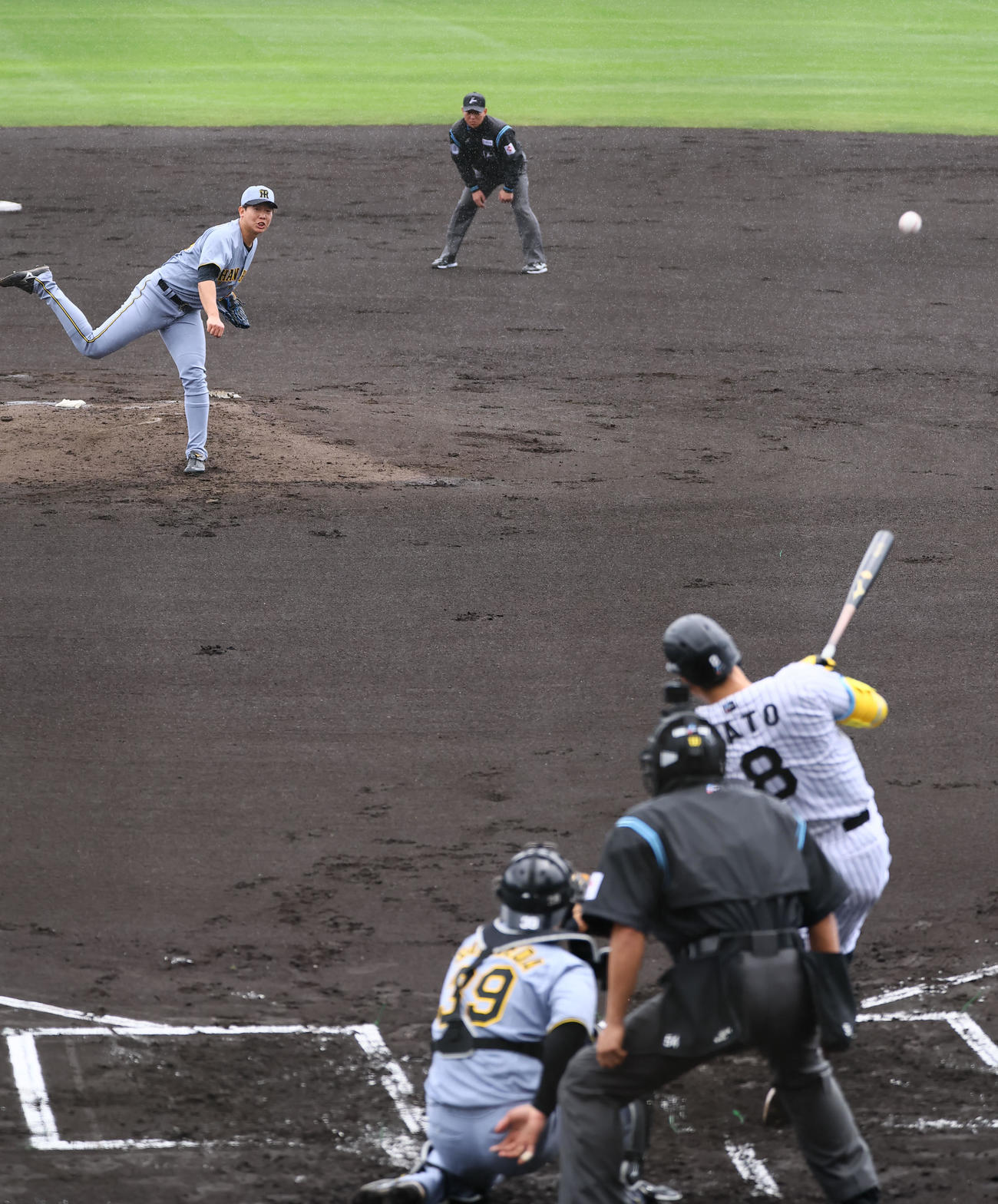 紅白戦　1回裏白組1死一塁、佐藤輝に右越え2点本塁打を浴びる畠（撮影・藤尾明華）