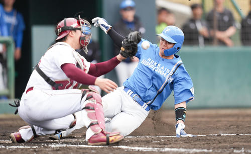 楽天対日本ハム 2回表日本ハム1死二塁、水野の先制の中前適時打で生還する二塁走者郡司。捕手安田(撮影・鈴木みどり)