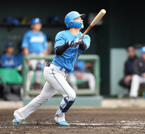 楽天対日本ハム 2回表日本ハム1死一、三塁、中犠飛を放つ矢沢(撮影・鈴木みどり)