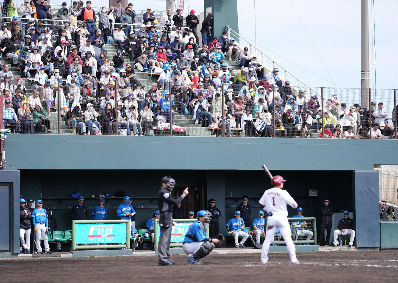 楽天対日本ハム　3回裏楽天1死、打席に立つ宗山を見るファンと新庄監督（左奥から4人目）（撮影・鈴木みどり）