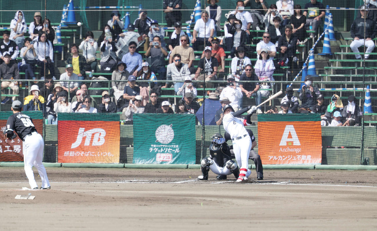 ロッテ紅白戦　1回裏白組無死、吉井監督（右端）が見つめる中、右飛に倒れる西川。投手中森（撮影・宮地輝）