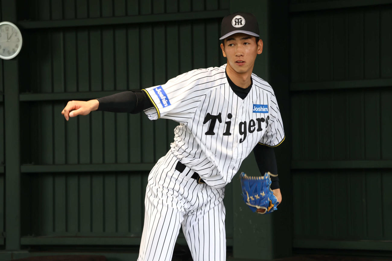 具志川キャンプでブルペン入りした阪神今朝丸（撮影・山崎健太）