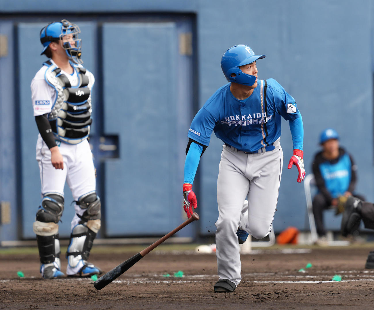 日本ハム紅白戦　紅組対白組　3回表紅組1死一塁、柴田は中飛に倒れる（撮影・足立雅史）