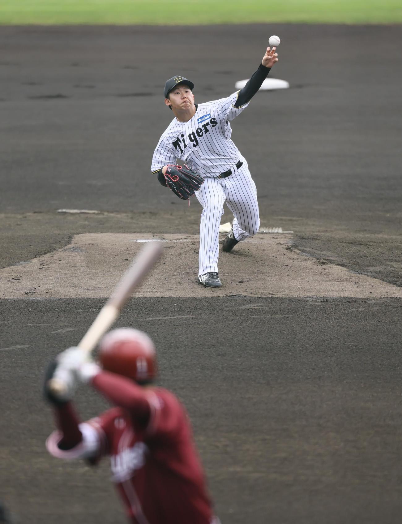 練習試合　阪神対楽天　1回、宗山と対戦する門別（撮影・藤尾明華）