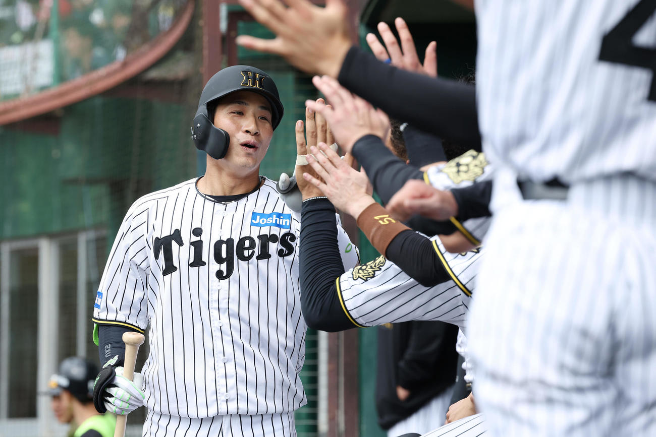 阪神対楽天　2回裏阪神無死、右越え本塁打を放ち、ナインに迎えられる木浪（撮影・前田充）