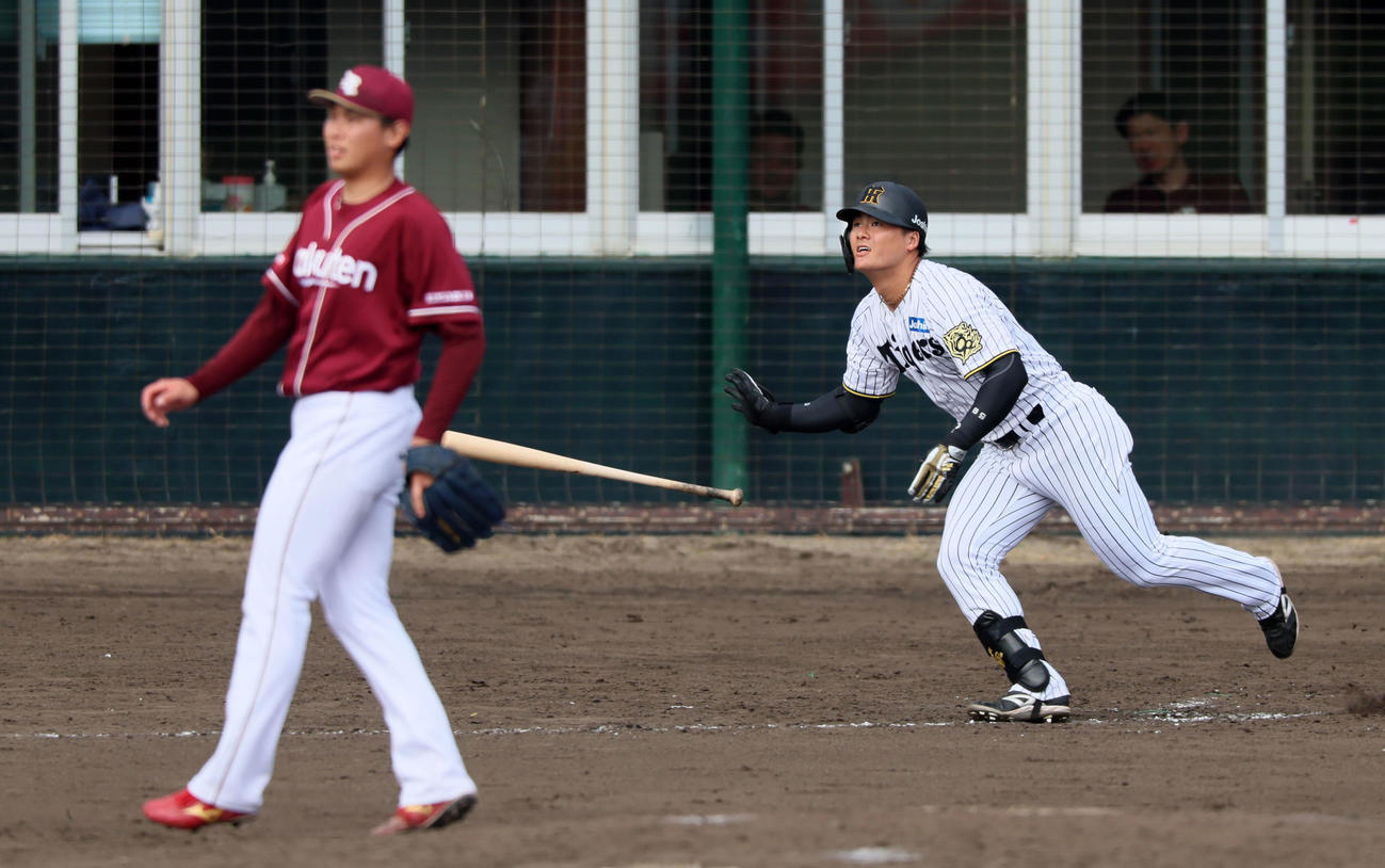 阪神対楽天　5回裏阪神2死一、二塁、前川は右越え3点本塁打を放つ。投手渡辺翔（撮影・加藤哉）