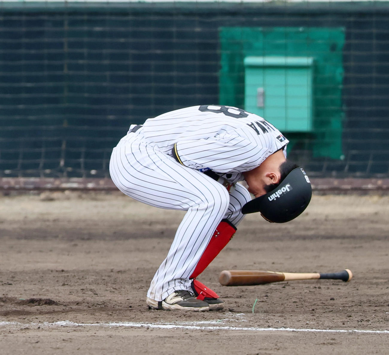 阪神対楽天　7回裏阪神2死一塁、代打中川は死球を受け痛そうな表情を見せる（撮影・加藤哉）