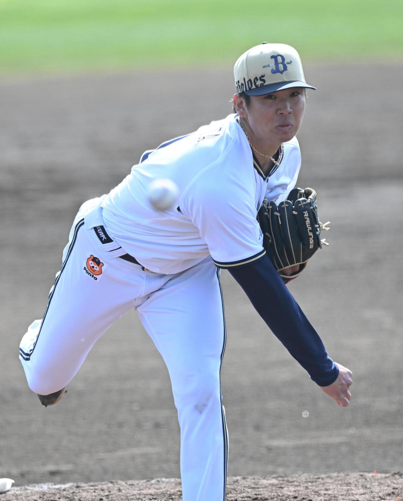 ソフトバンクとの練習試合に2番手で登板し1回を3人で抑えるオリックス山下（撮影・和賀正仁）