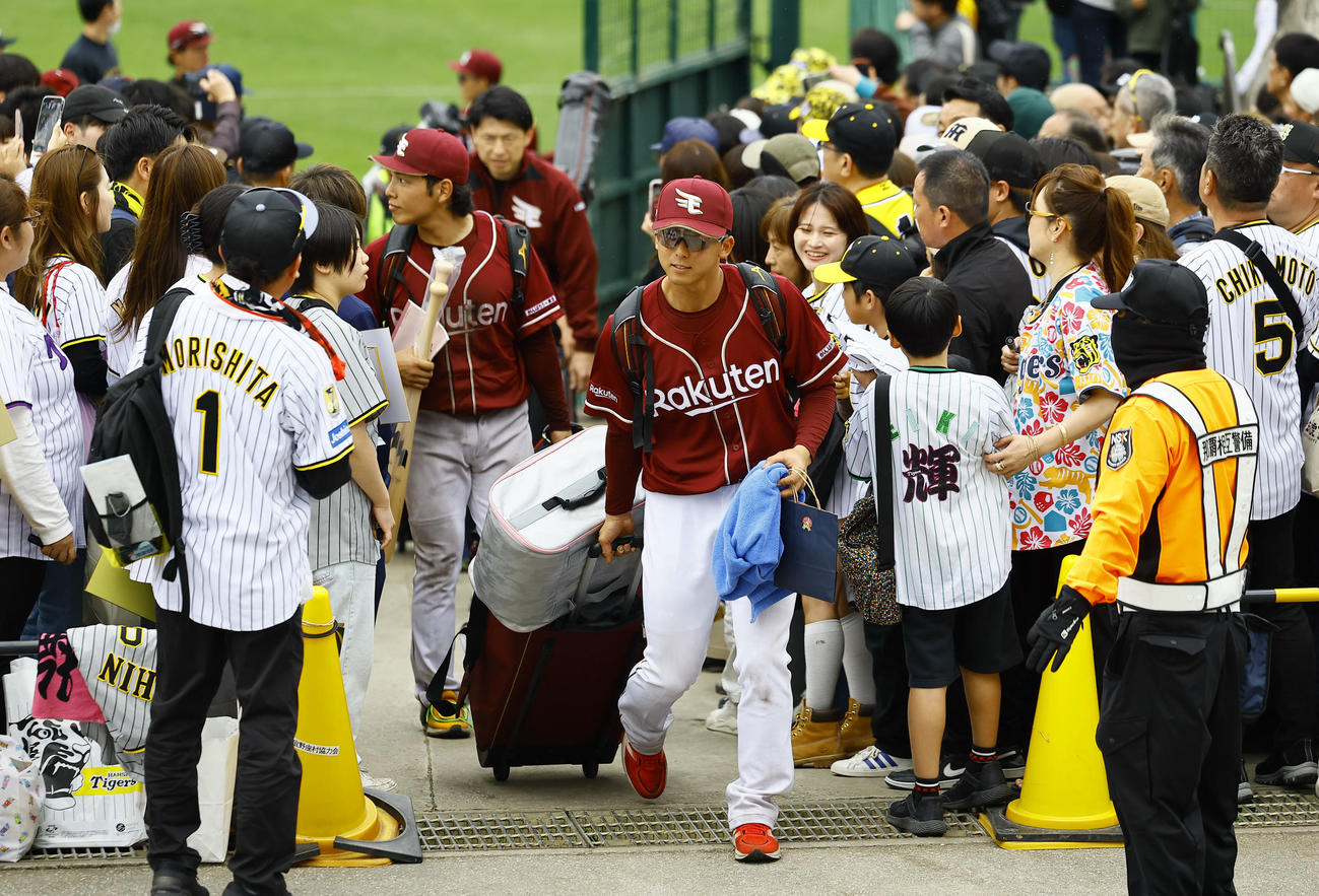 阪神との練習試合を終え、阪神ファンの間を引き揚げる楽天宗山（撮影・藤尾明華）