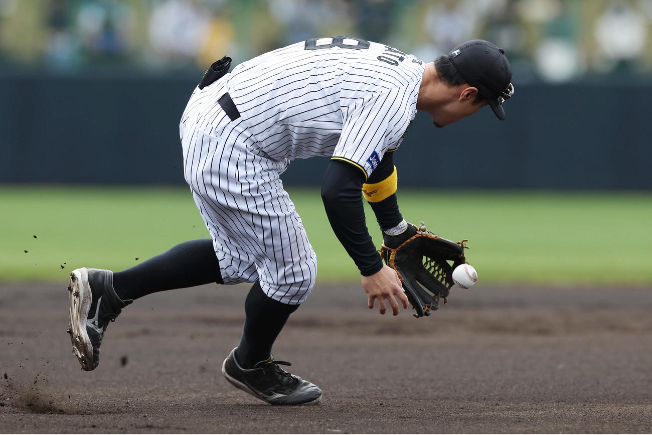 阪神対楽天　1回表楽天1死、中島の三ゴロをはじく佐藤輝（撮影・前田充）