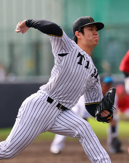 練習試合阪神対広島 5回途中、4番手で登板した石黒(撮影・藤尾明華)