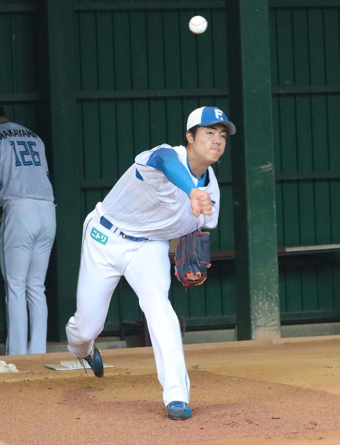 ブルペンで投球練習する日本ハム柴田（撮影・永野高輔）