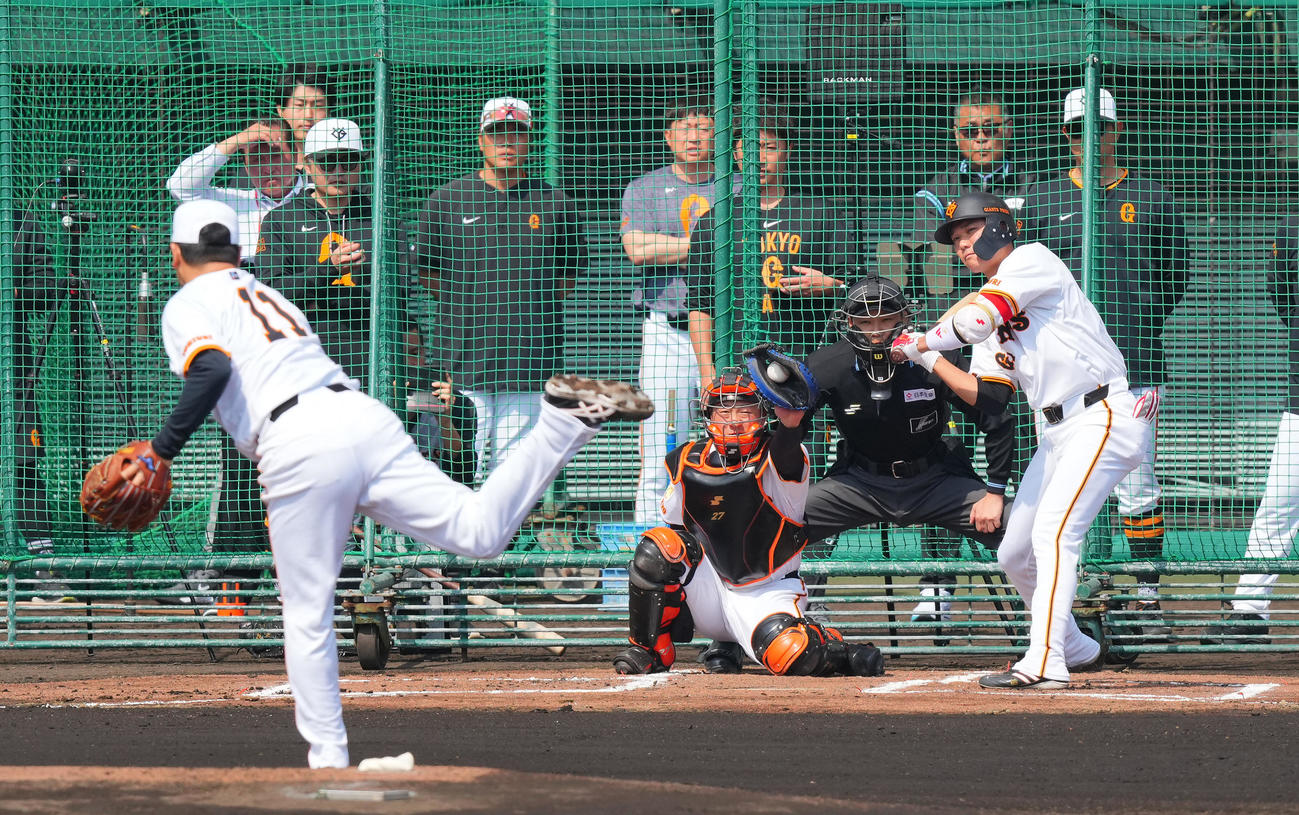 ライブBPで巨人田中将（手前）から四球を選ぶ坂本（撮影・垰建太）