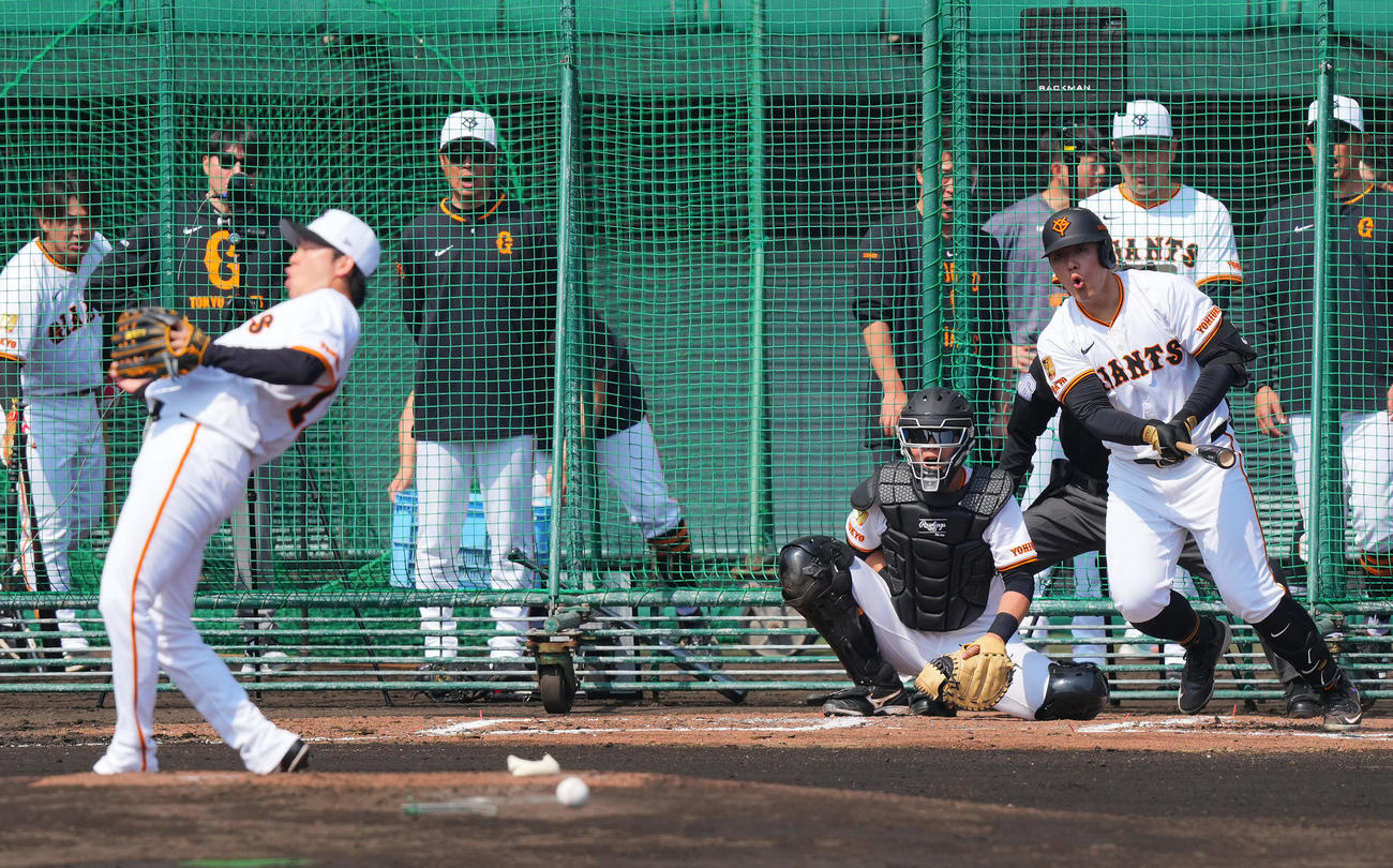 ライブBPで巨人岡本和の放った打球が投手山崎伊のおしり付近に直撃する（撮影・垰建太）