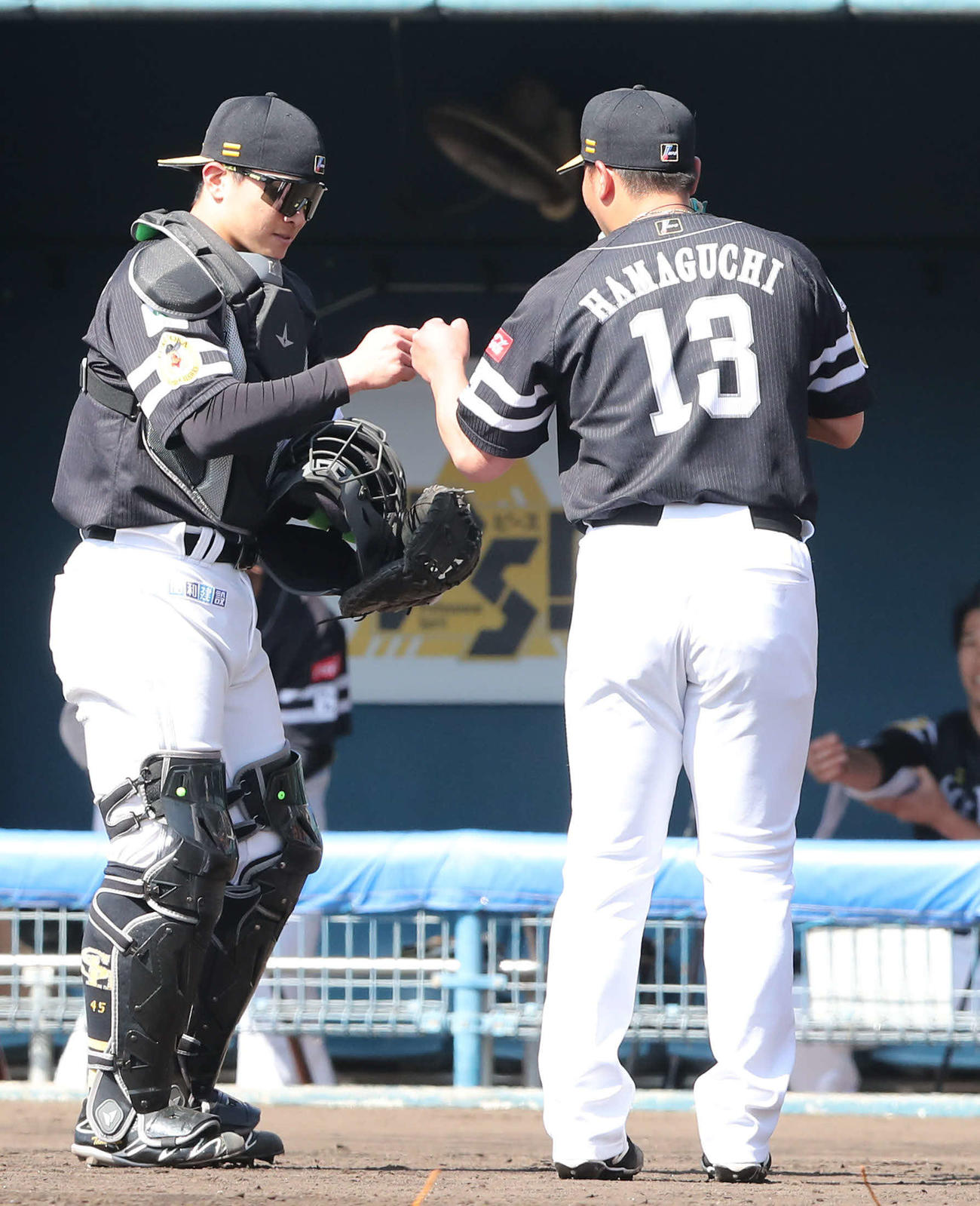 紅白戦　紅組先発の浜口は、2回を投げ終え谷川原（左）とグータッチ（撮影・梅根麻紀）