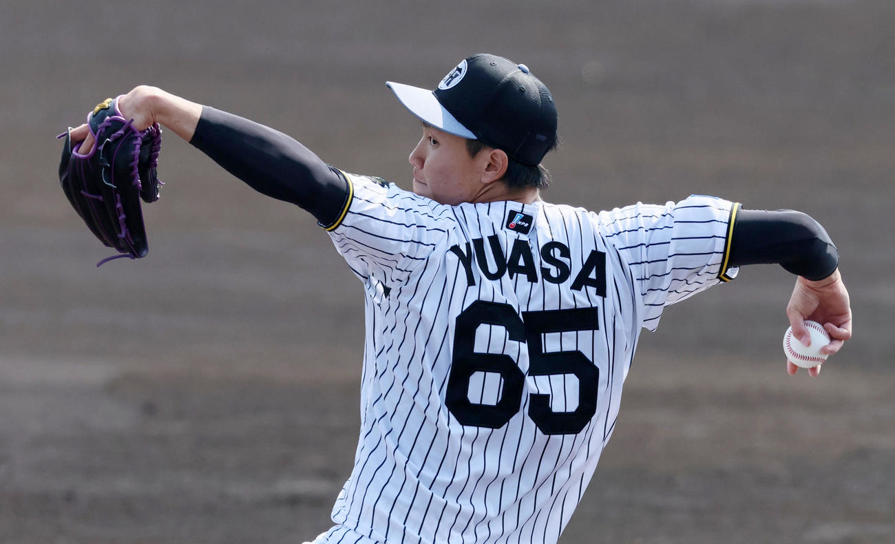 シート打撃練習に登板した湯浅（撮影・加藤哉）