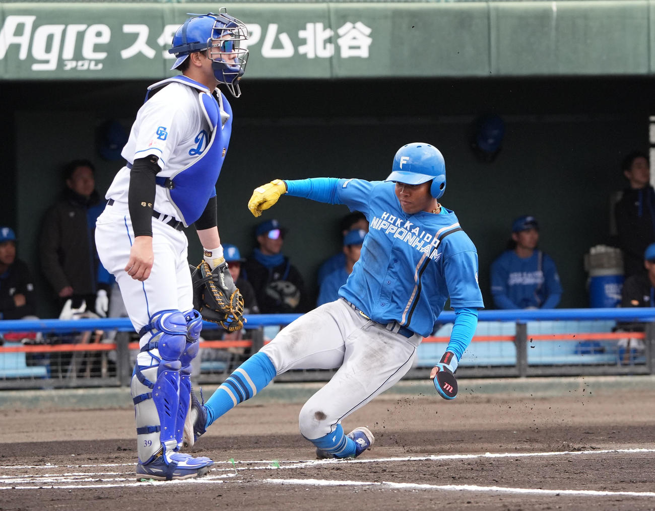中日対日本ハム　1回表日本ハム無死一、三塁、生還する水谷（右）（撮影・森本幸一）
