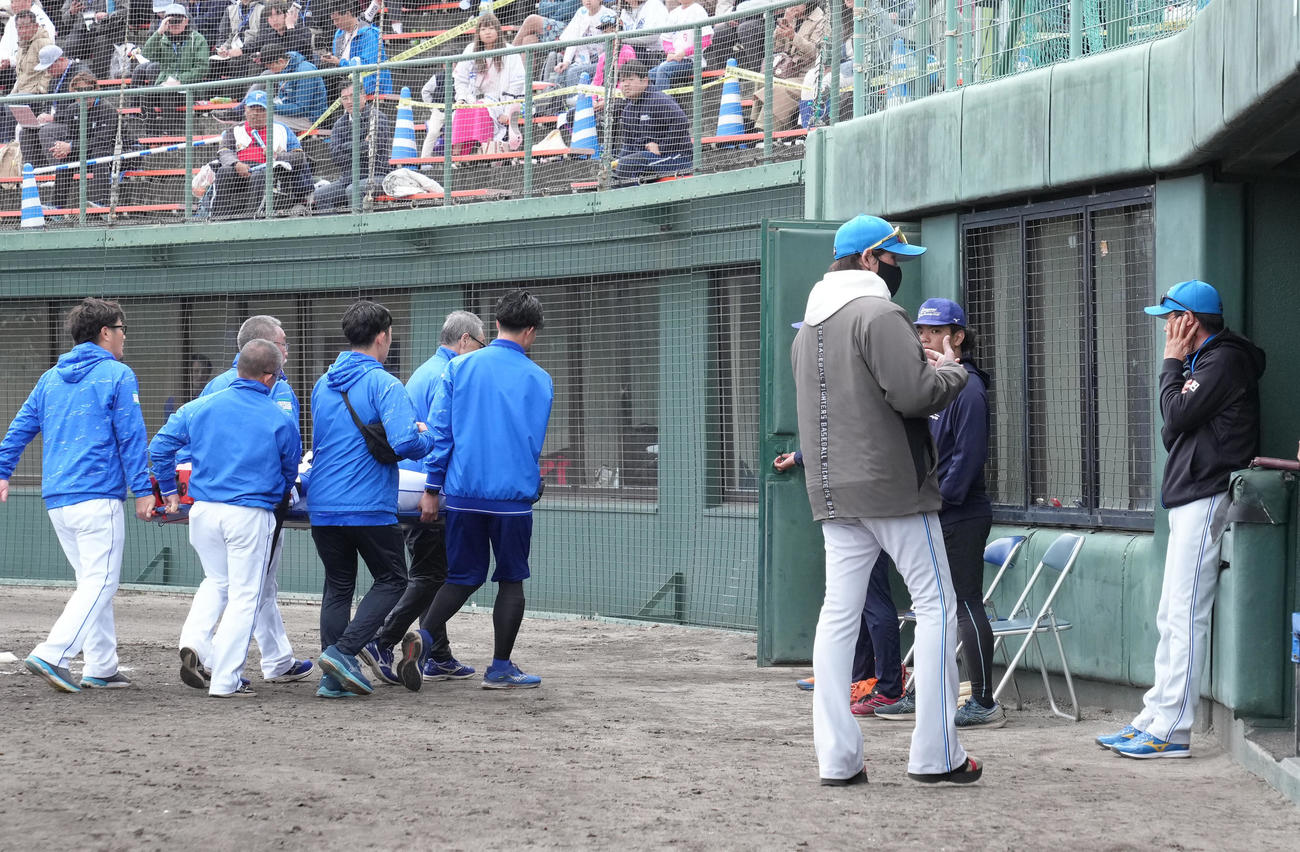 中日対日本ハム　8回表、担架で運ばれる中日左翼手樋口を心配する新庄監督（右から2人目）（撮影・足立雅史）