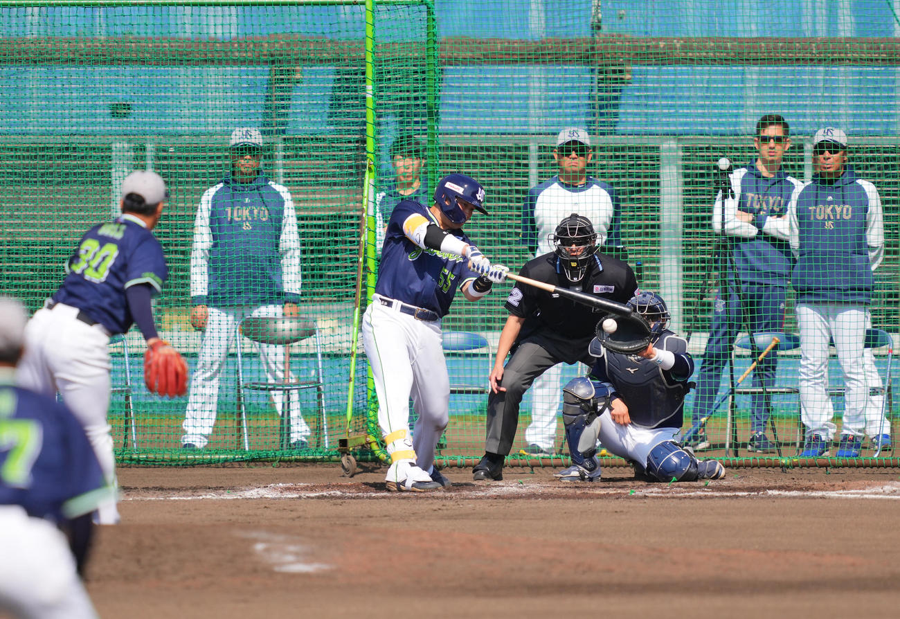 シート打撃で空振り三振に倒れる村上。投手荘司（撮影・垰建太）