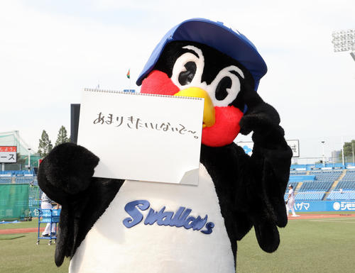 「あまりきたいしないで～。」と書き込んだフリップを手にするつば九郎　2022年7月2日