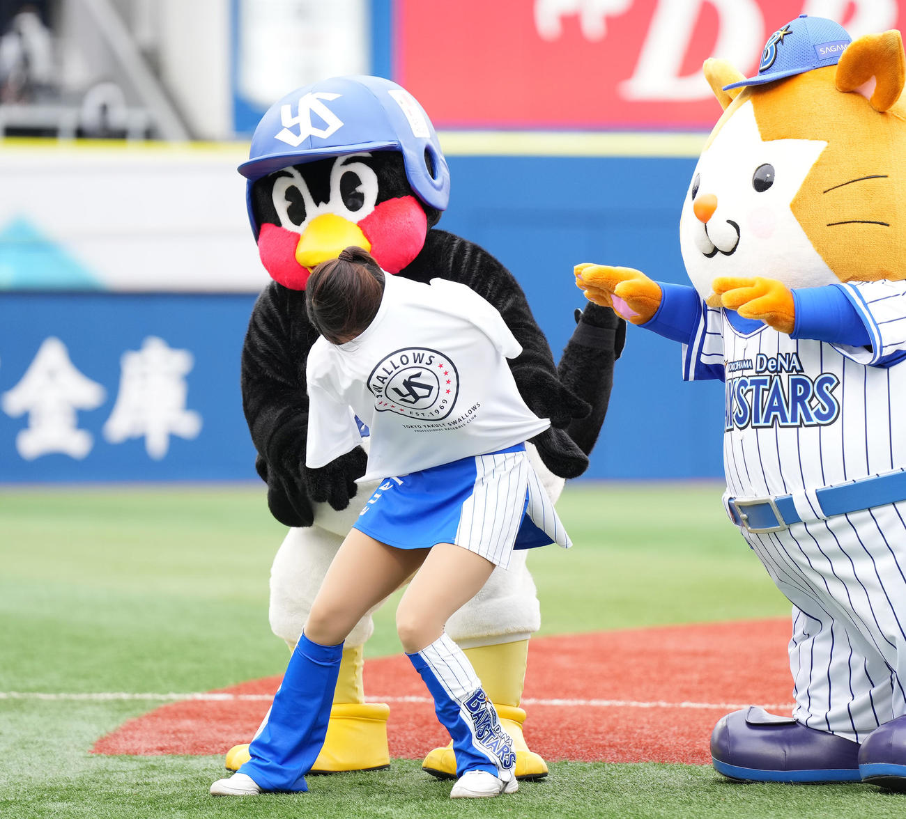 2022年5月21日、イニング間にスタジアムを盛り上げるDeNAのチアガールにヤクルトのTシャツを着させるつば九郎