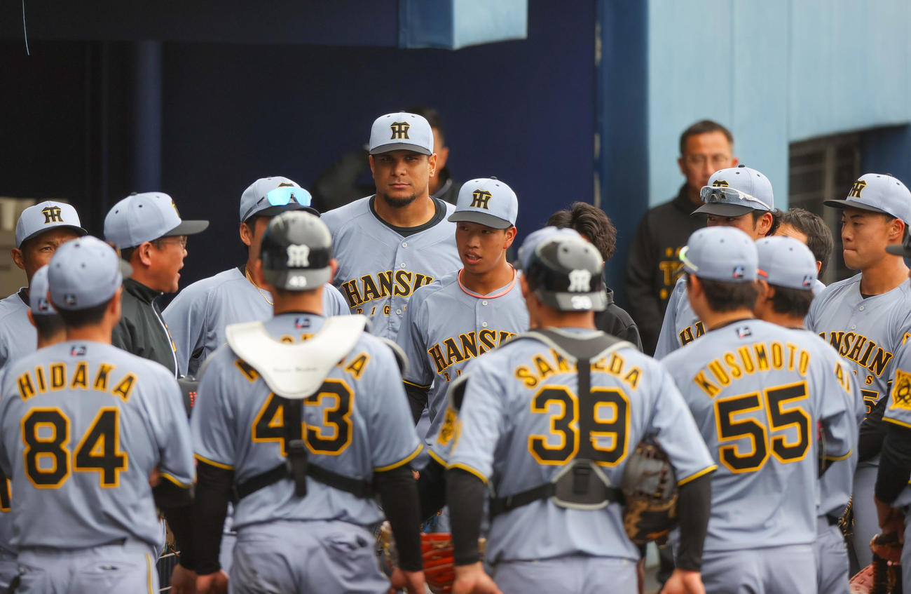 2軍練習試合・日本ハム対阪神　試合前、ベンチの前で円陣を組む阪神ナイン（撮影・上山淳一）