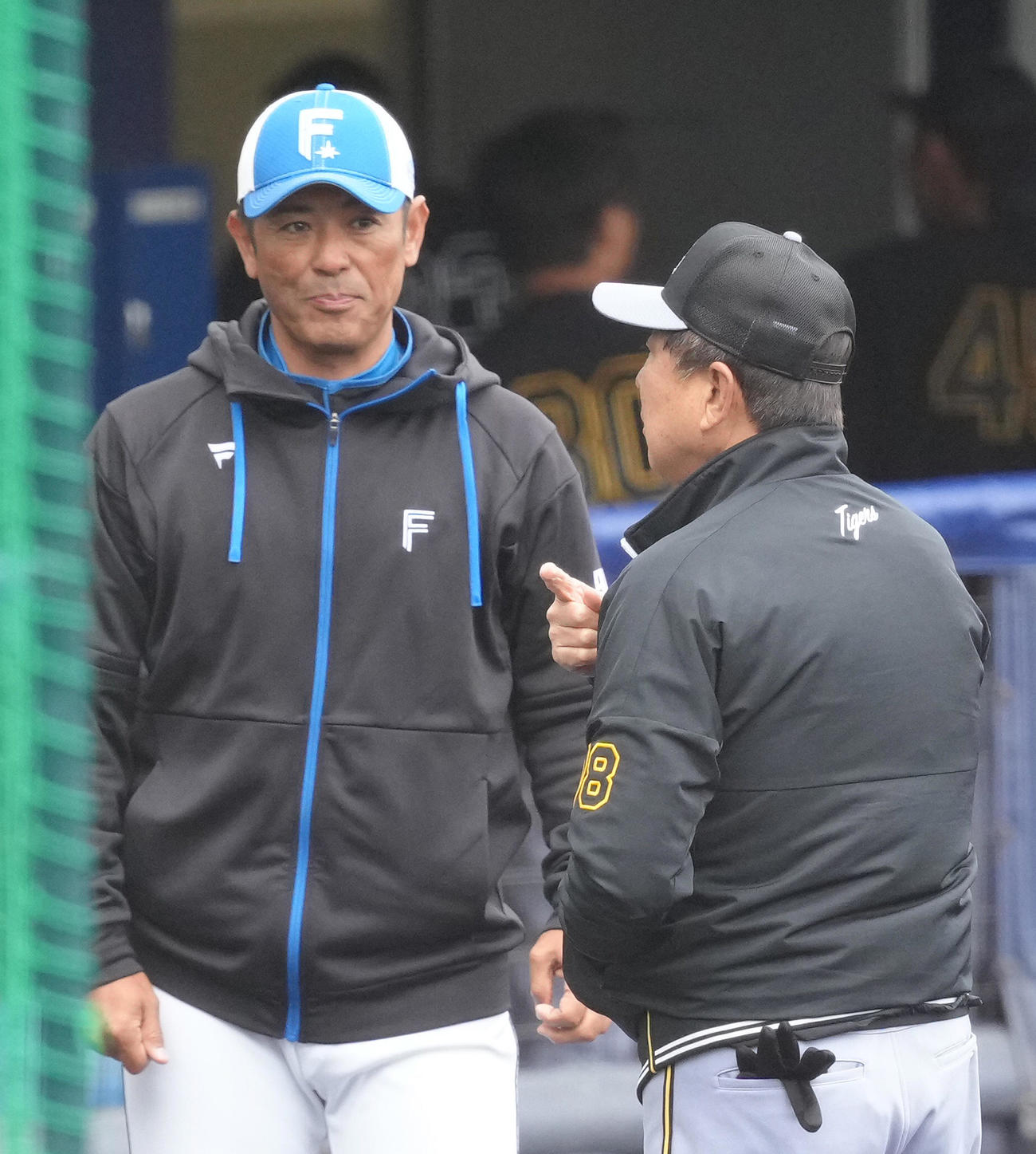 試合前、会話を交わす日本ハム稲葉2軍監督（左）と平田2軍監督（撮影・足立雅史）