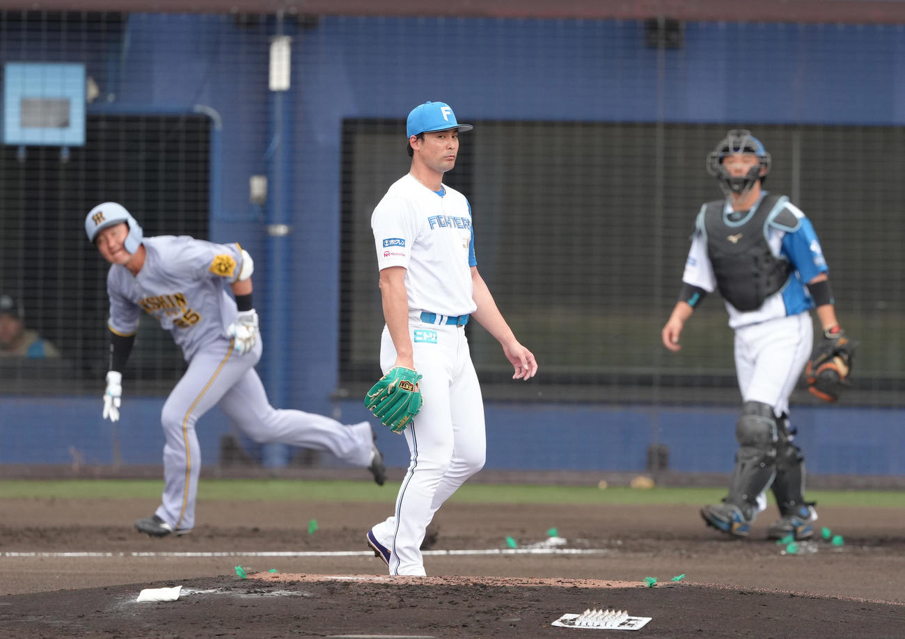 2軍練習試合　日本ハム対阪神　2回表阪神1死、渡辺（左）を中飛に仕留める上原（中央）。捕手進藤（撮影・足立雅史）
