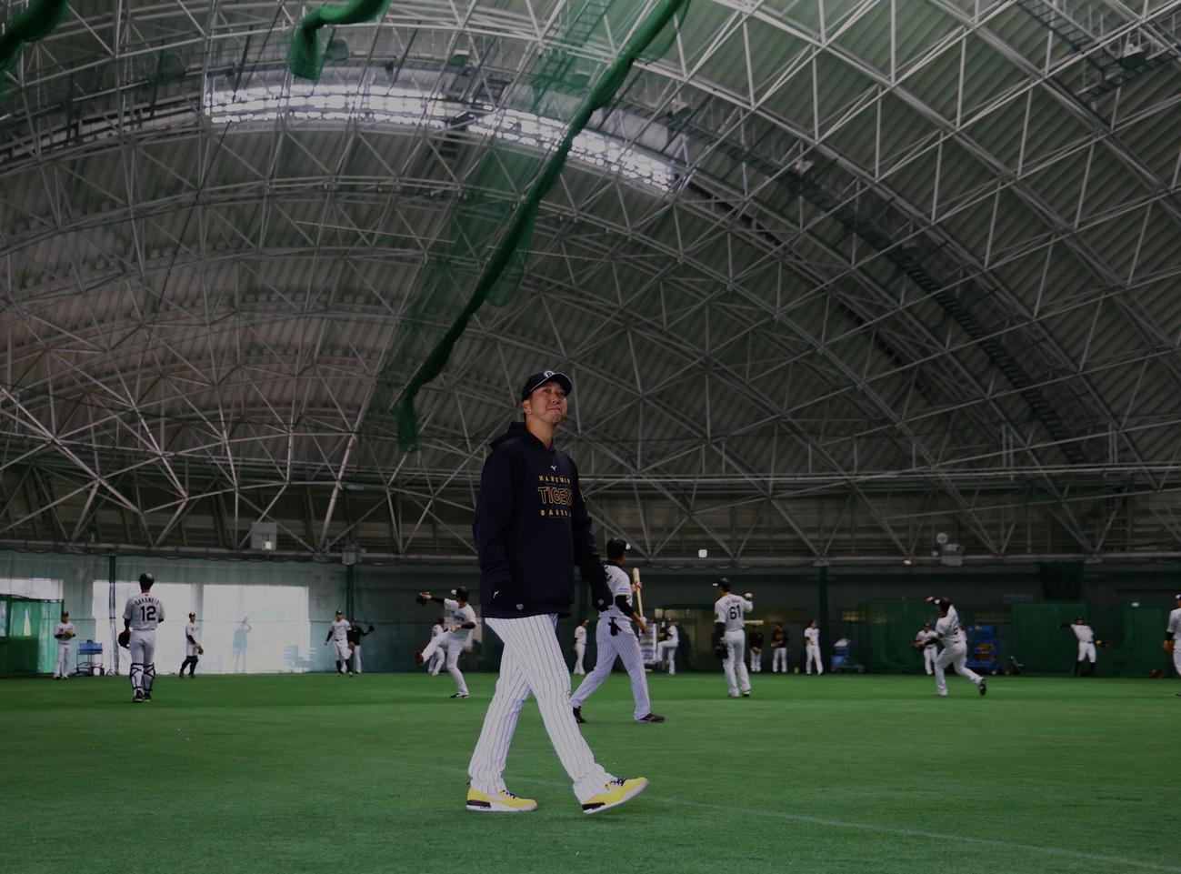 電気が消えた室内練習場を歩く阪神藤川監督（撮影・藤尾明華）