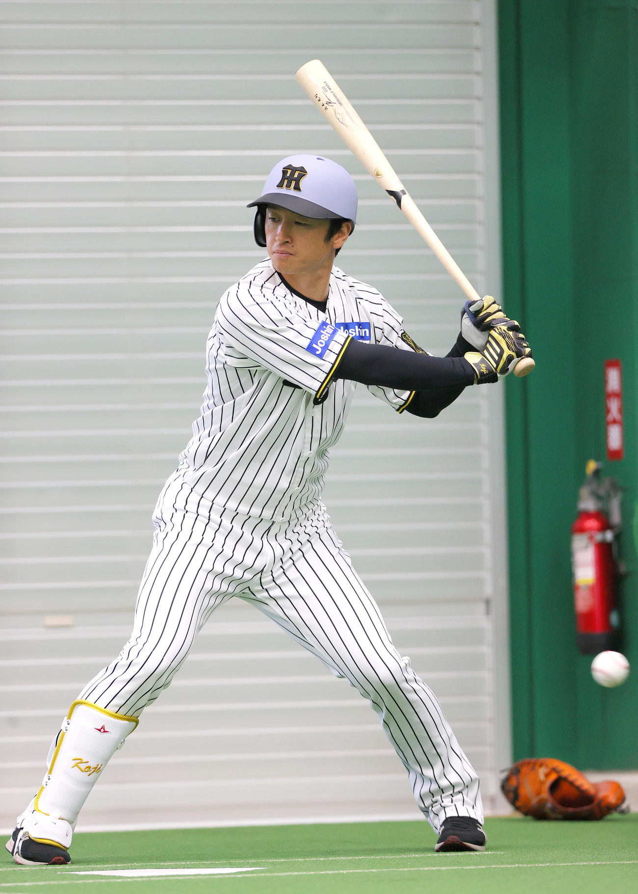 ブルペンで打席に立つ阪神近本（撮影・上山淳一）
