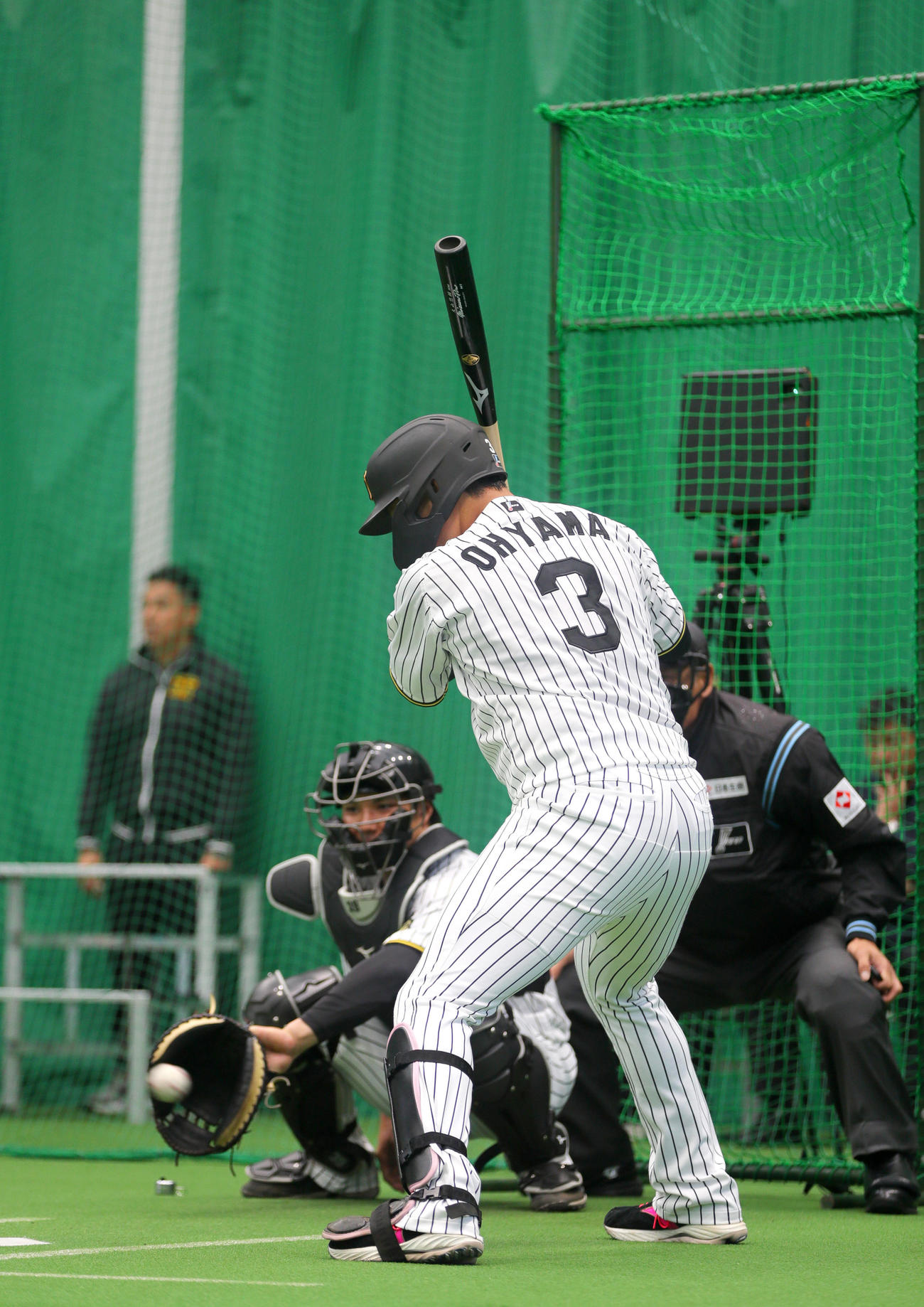 ブルペンで打席に立つ阪神大山（撮影・上山淳一）