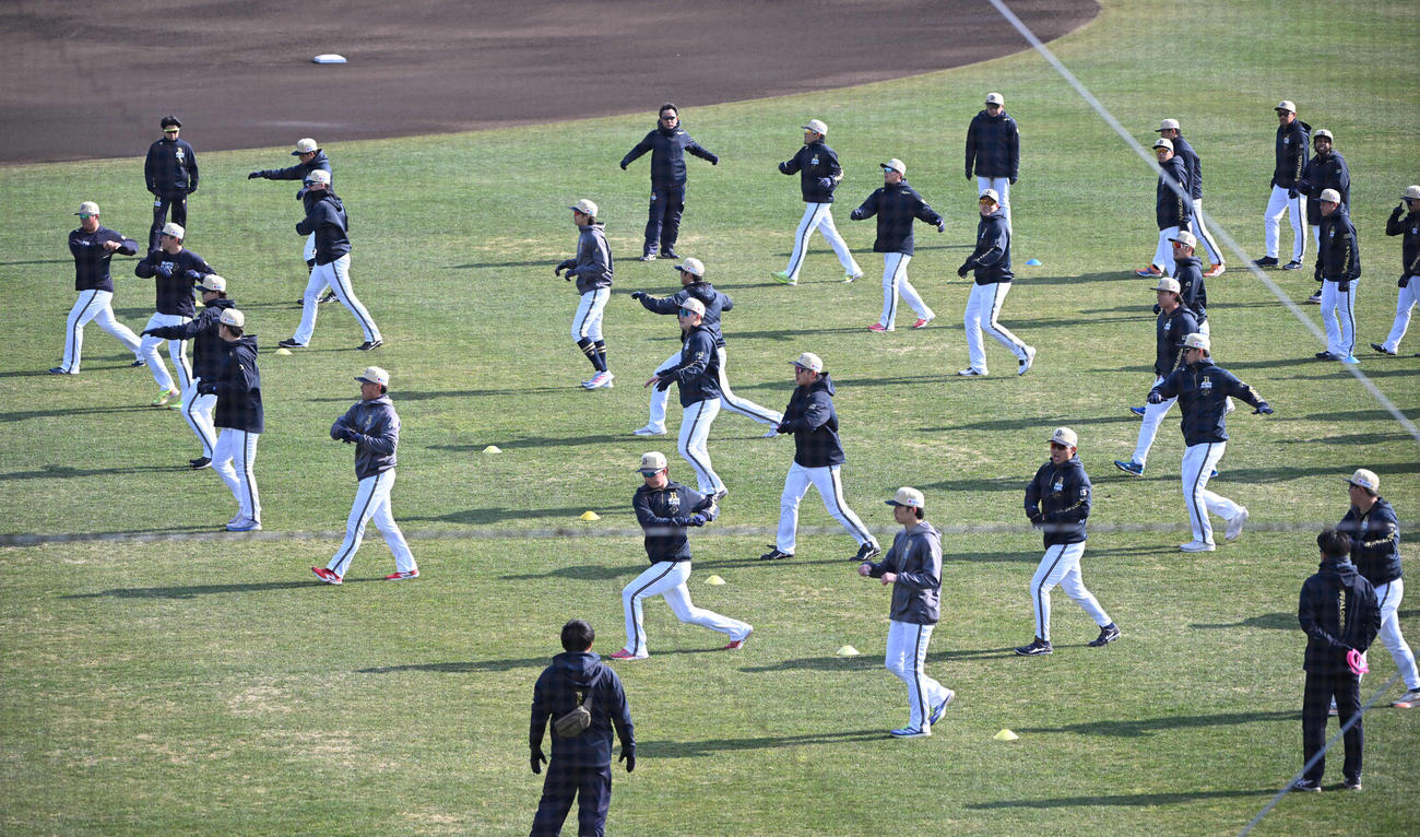 練習するオリックスの選手ら（撮影・和賀正仁）