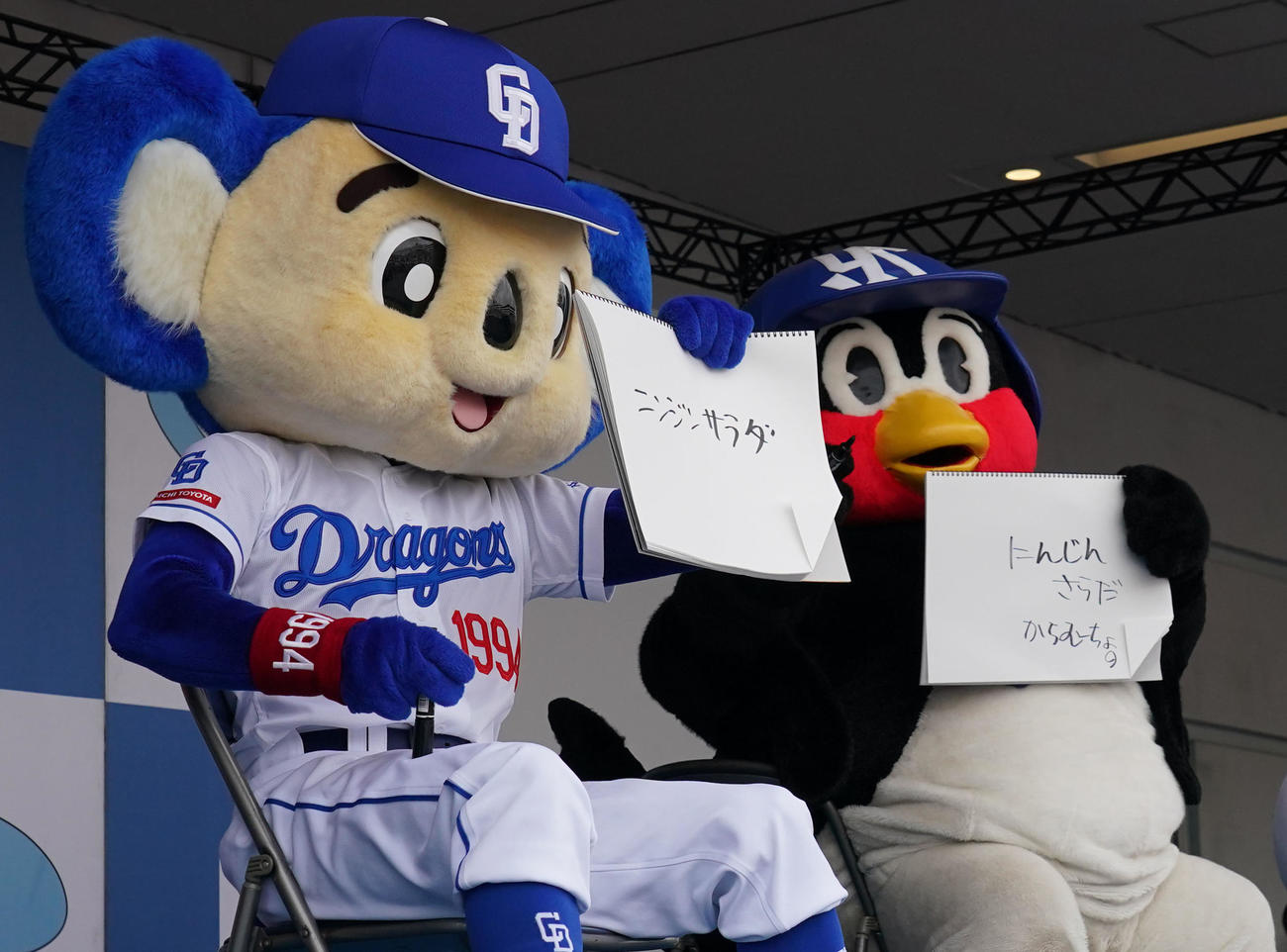 2024年5月　試合前、「名古屋名物」のお題にドアラ、つば九郎共に「にんじんサラダ」と答え相性バッチリでファンを沸かせる