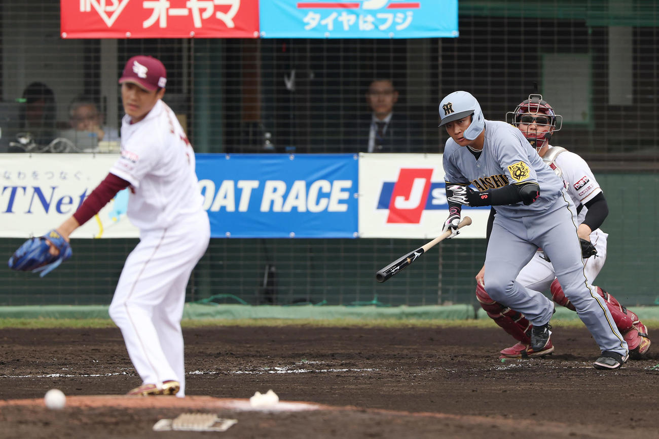 楽天対阪神　3回表阪神2死一、三塁、先制の中前適時打を放つ大山。投手則本（撮影・前田充）