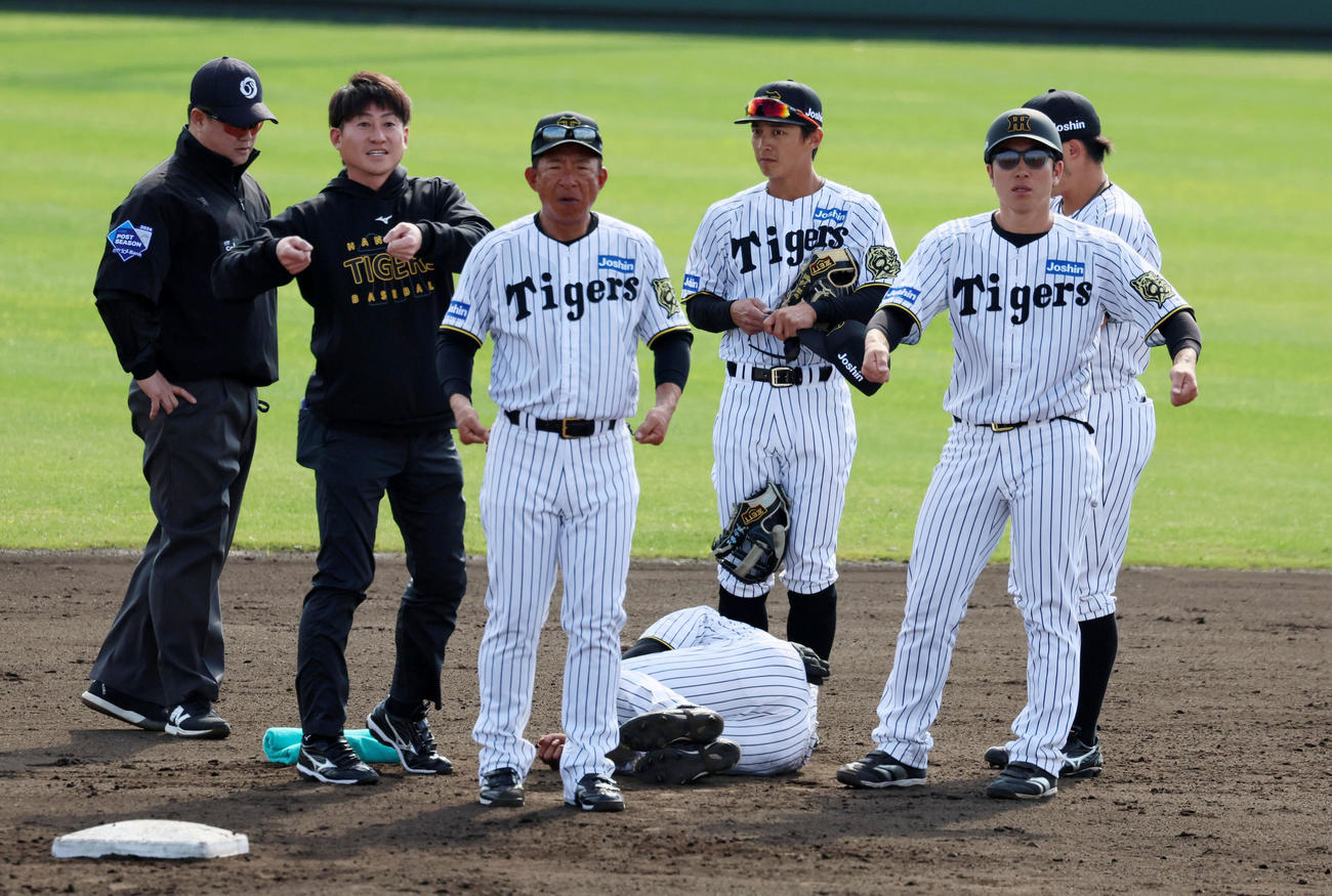 阪神対ハンファ　7回表ハンファ1死二塁、戸井は湯浅からのけん制球を捕球出来ず着地した際に左足をひねり、馬場コーチ（左）、山崎コーチらがベンチに担架を要請する（撮影・加藤哉）