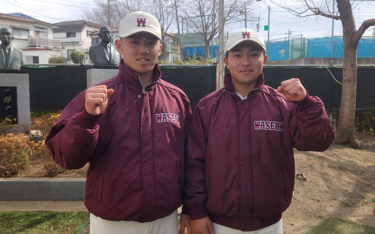オープン戦　日本通運対早大　中継ぎで登板し、好投した（左から）越井颯一郎と香西一希（撮影・保坂淑子）