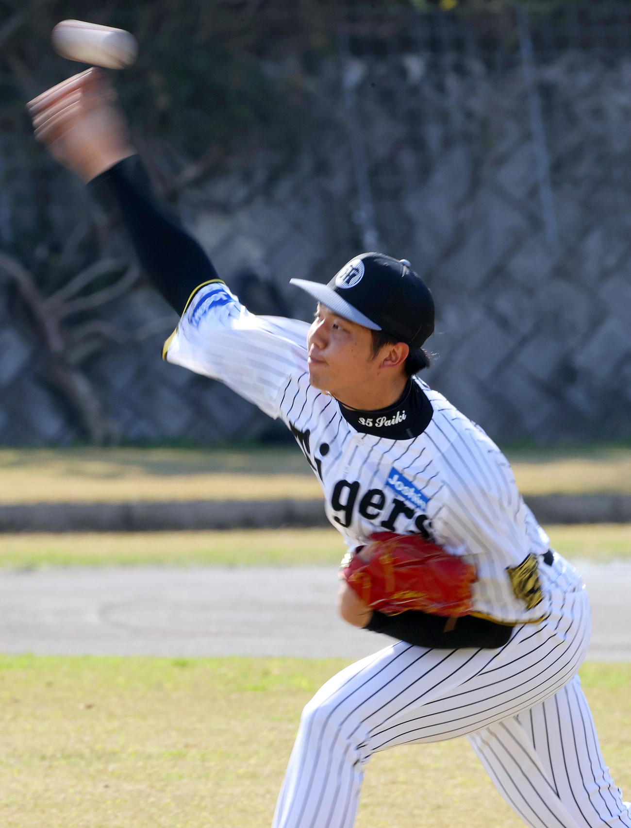 キャッチボールする阪神才木（撮影・上山淳一）
